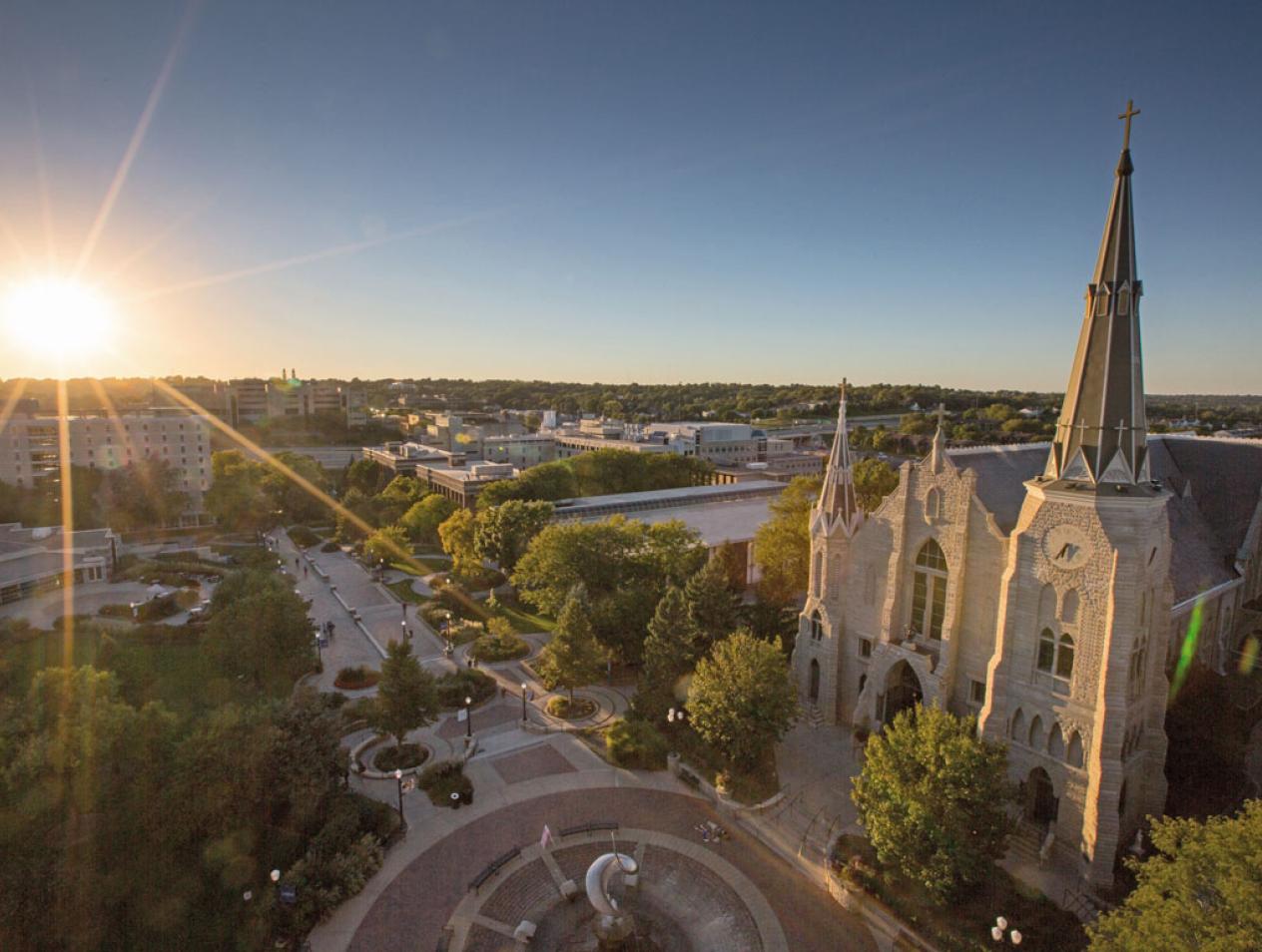 Aerial photo of Creighton's campus at sunset