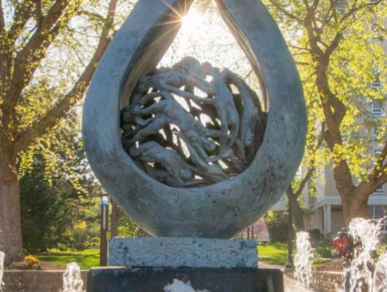 Water fountain sculpture on Creighton campus