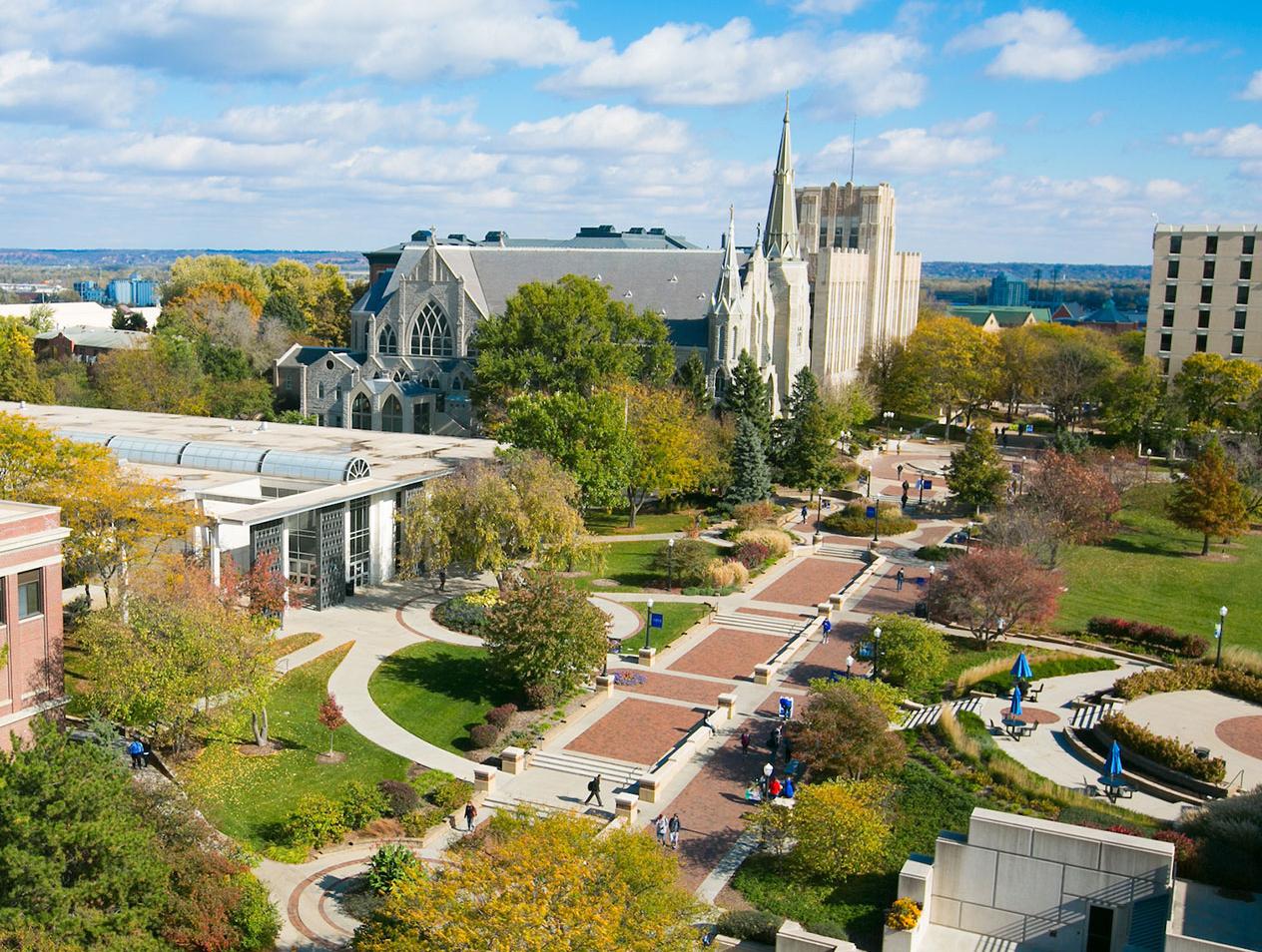 Aerial view of the campus mall looking towards St John's and Creighton Hall