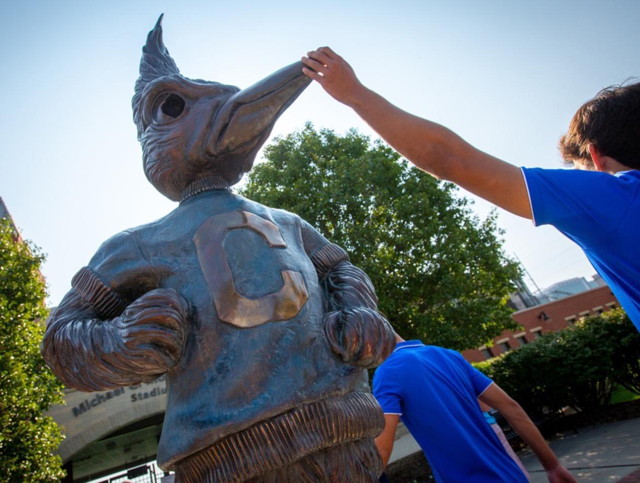 student touching Billy-Bluejay-on-Creighton-University-Campus