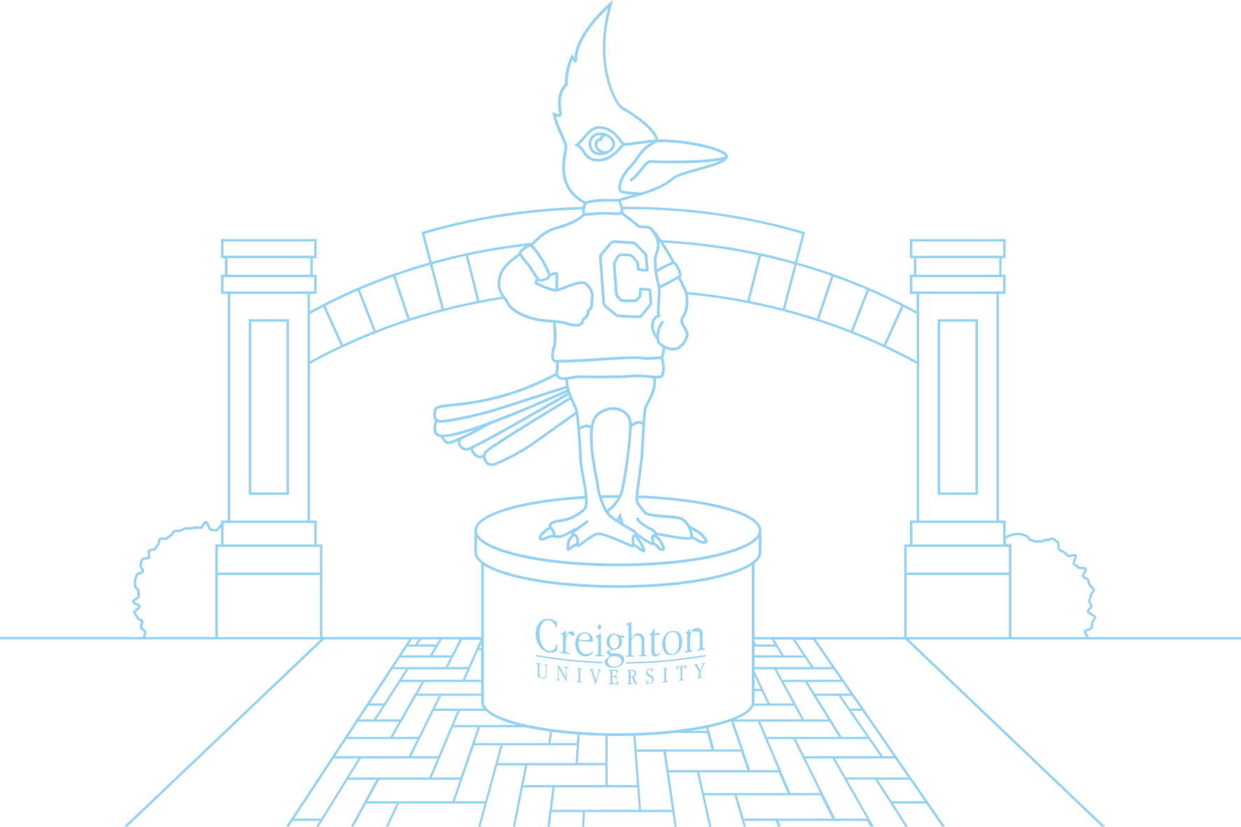 Line drawing of a bluejay mascot on a pedestal reading "Creighton University."