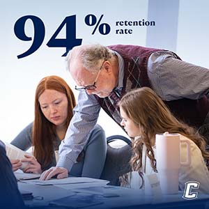 94% retention rate image with professor and students