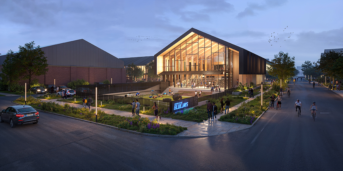Rendering of new Sports Performance Center with early morning lighting.