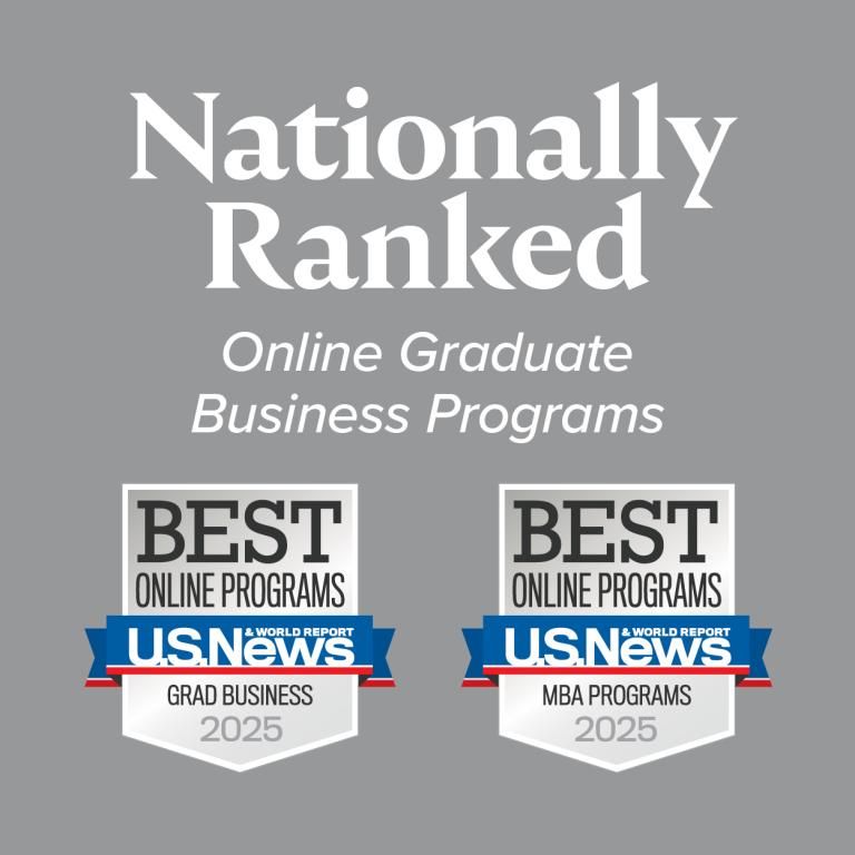 U.S. News badges showing awards for grad business and general MBA programs