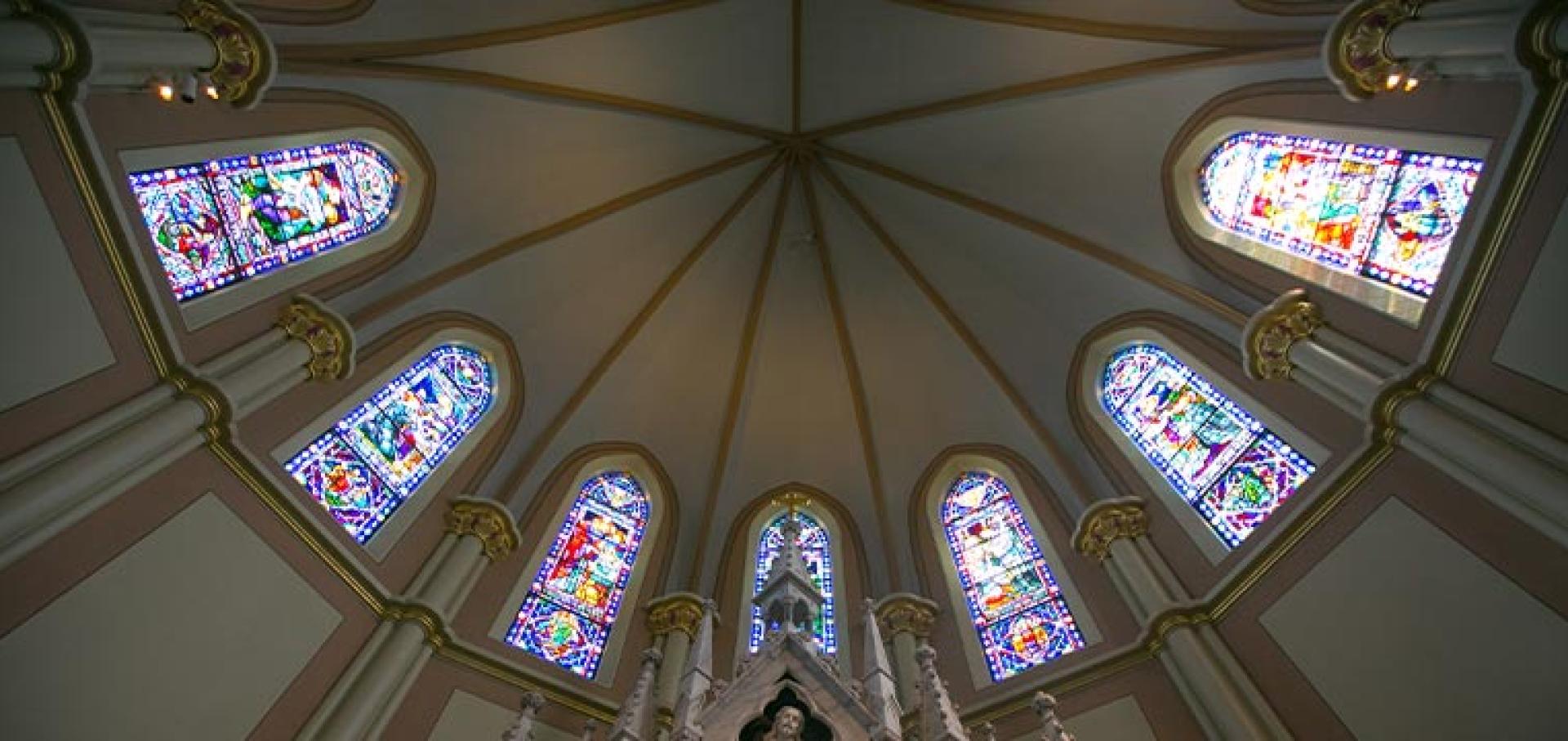 Stained glass windows and altar at St. John's Church