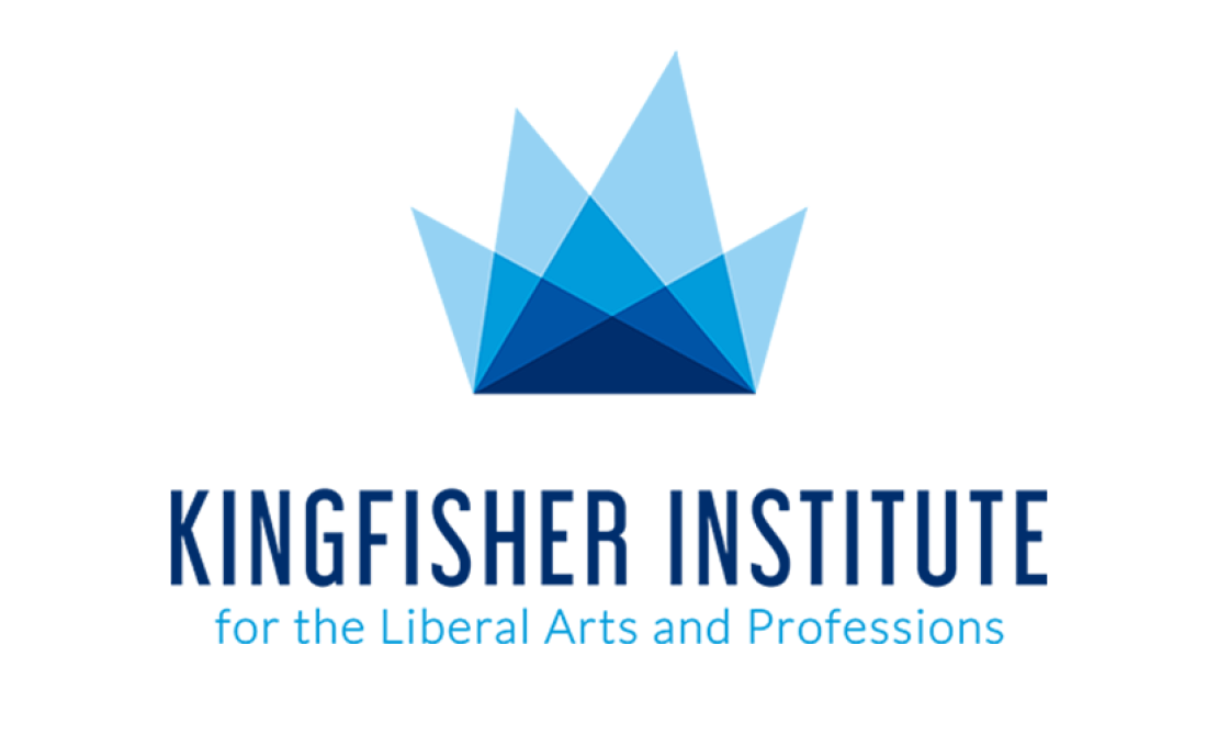 The words "Kingfisher Institute for the Liberal Arts and Professions" appear on two horizontal lines below a geometric blue mark.