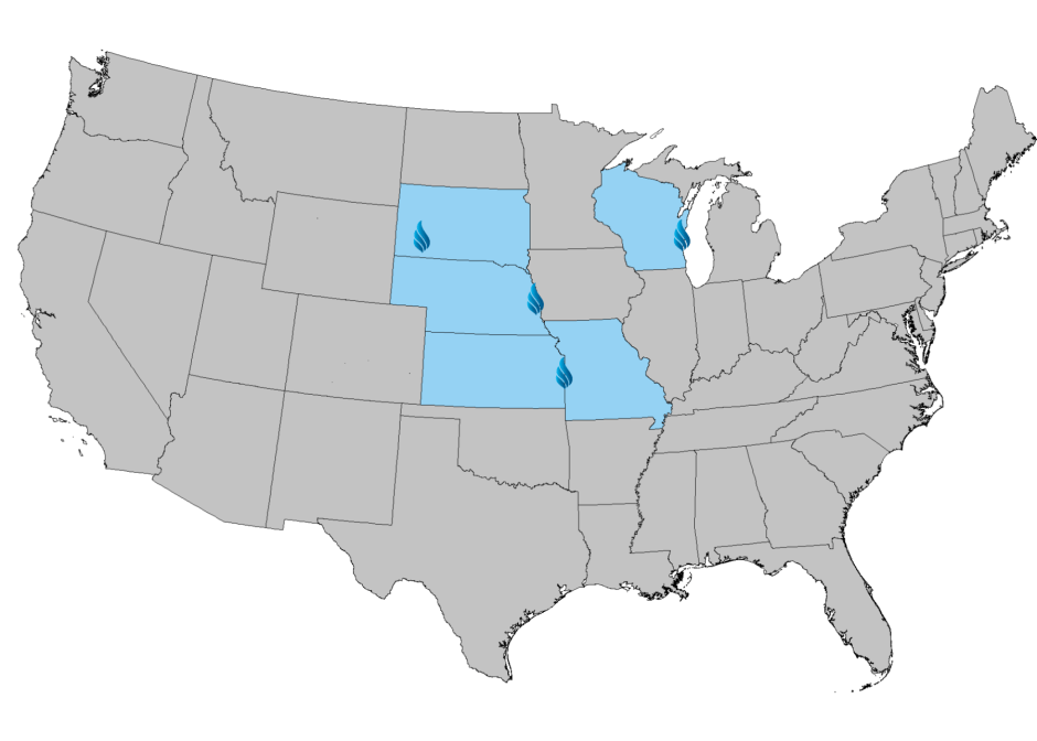 Map of United States with markers on four cities