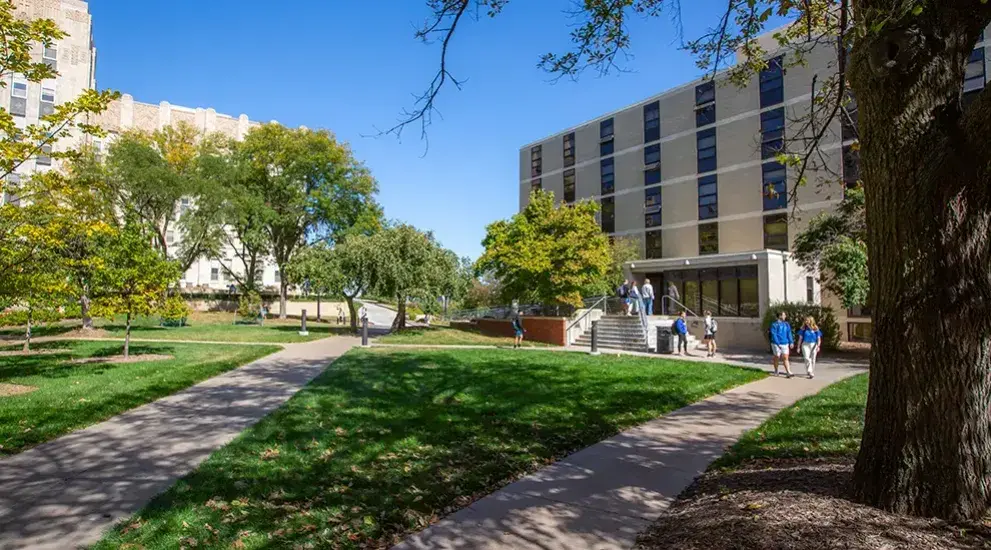 Handicap accessible pathways leading up to Creighton buildings.